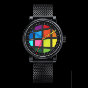 Walter Gropius horloge Atrium Automaat, stalen kast en stalen milanaise band zijn zwart gecoat, gekleurde wijzerplaat, saffier glas, glazen achterdeksel, refnr : WGA 801-01M - 11111705