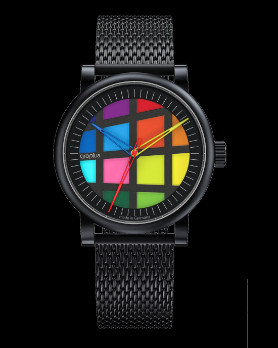 Walter Gropius horloge Atrium Automaat, stalen kast en stalen milanaise band zijn zwart gecoat, gekleurde wijzerplaat, saffier glas, glazen achterdeksel, refnr : WGA 801-01M - 11111705