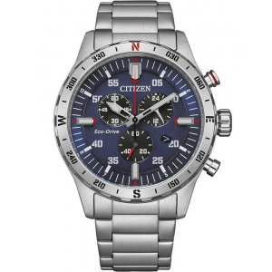 Citizen ecodrive chronograaf horloge. stalen kast en band , blauwe wijzerplaat met rode accenten - 11111849