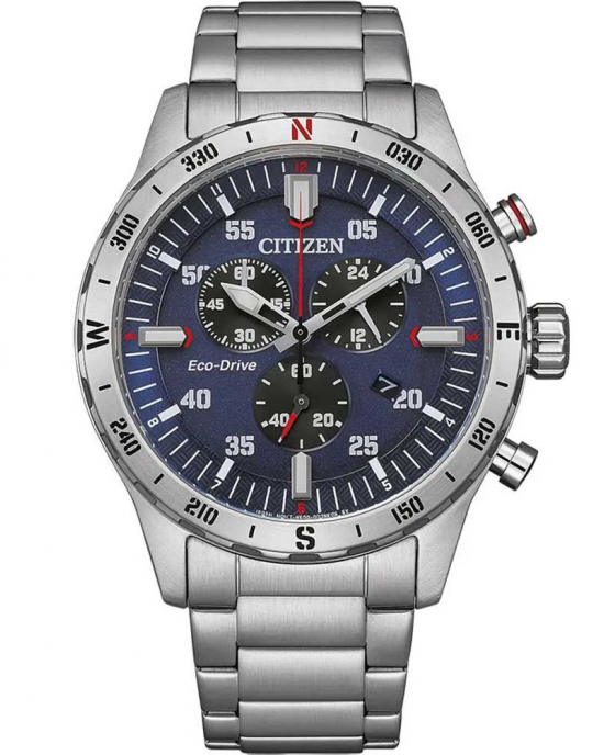 Citizen ecodrive chronograaf horloge. stalen kast en band , blauwe wijzerplaat met rode accenten - 11111849