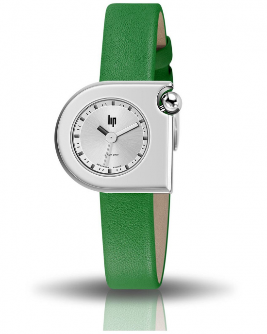 Lip Mach 2000 Mini Horloge, stalen kast linkerzijde bolvormig en rechterzijde recht met een bolvormige kroon en lederen band - 11112009