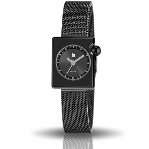 Lip horloge " Mach 2000 Mini square " Quartz en kenmerkende bolle kroon rechtsbovenaan, met stalen milanaise band, kast en band zijn  zwart gecoat - 11112011