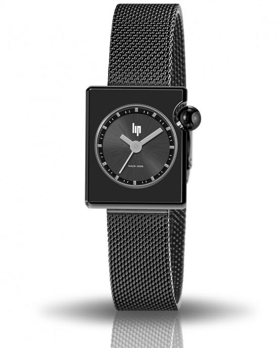 Lip horloge " Mach 2000 Mini square " Quartz en kenmerkende bolle kroon rechtsbovenaan, met stalen milanaise band, kast en band zijn  zwart gecoat - 11112011