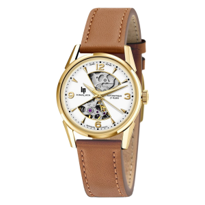 Lip Horloge Himalaya automaat 33,5 mm, semi-skelet horloge, voorzijde saffierglas waaronder een lichte wijzerplaat gedeeltelijk opengewerkt en glazen deksel, met lederen band, kast is geel verguld - 11112019