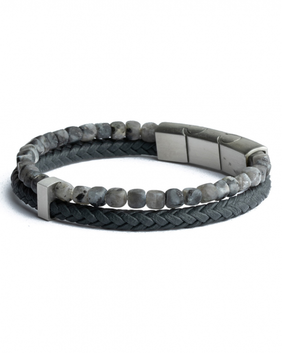 Gemini double 2 rijige armband, grijs Italiaans leder en agaat kubus geslepen. Voorzien van een stalen sluiting op xs-s - 11112068