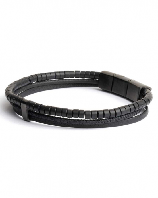 Gemini triplux 3 rijige armband, zwart Italiaans leder en onyx cilinder geslepen. Voorzien van een zwart gecoatte sluiting op M-L - 11112069