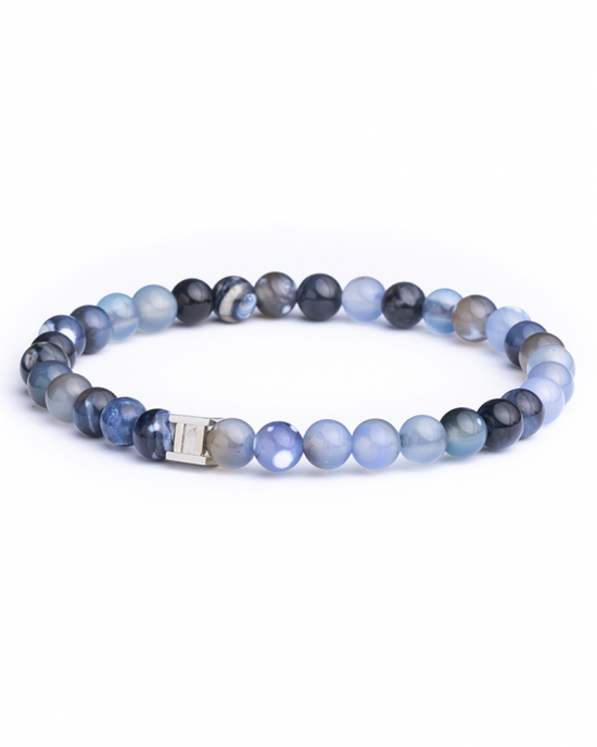 Gemini gem armband, 6 mm kogel geslepen blauwe agaat. Voorzien van een zilverkleurig Gemini element op elastiek, Maat s - 11112083