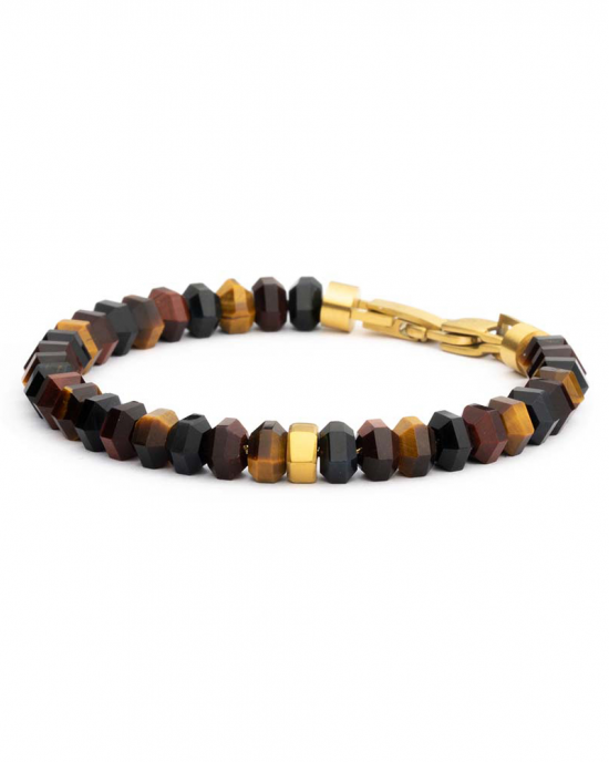 Gemini Octo armband, met de hand geslepen 8 kantige tijgeroog  in 3 verschillende kleuren op een titanium draad met verguld stalen slot. Maat M-L - 11112086