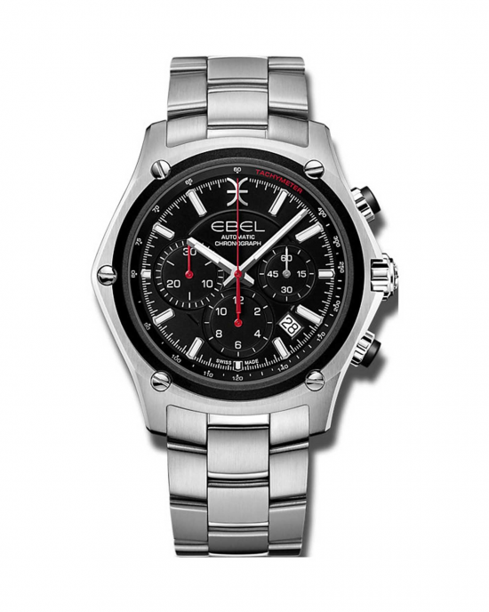 Stalen Ebel Discovery Chronograph automaat inclusief zwart rubberen band, zwarte wijzerplaat , datum + saffierglas + glazen bodem, 1216460 - 11112140