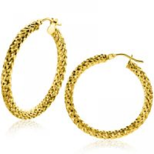 14 krt geelgouden bewerkte fantasie buiscreolen met italiaanse sluiting, 30 x 3 mm, gedraaid/gediamanteerd effect - 11112264