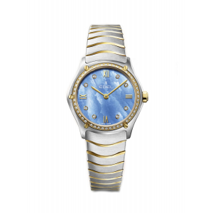 Ebel Sport Classic Lady 29 mm , kast is een combinatie van staal + 18 krt geelgoud en de kast is een combinatie van staal en PVD, wijzerplaat helder blauw parelmoer incl 8 x diamant als uurmarkering totaal 0,052 ct G-Si, en verfraaid met een lunette bezet