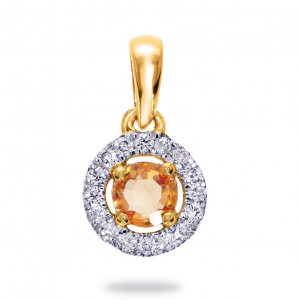 14 karaats geelgouden entouragehanger met centraal een oranje saffier met daaromheen een entourage van  16 briljanten geslepen diamanten met een gezamenlijk gewicht van 0.05 crt. H- SI - 11112408