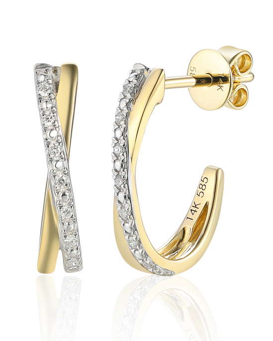 14 karaats bi-colour oorsieraden, gekruisde banden met één baan bezet met 7 briljant geslepen diamanten met een gezamenlijk gewicht van 14/0.06 crt. H- SI - 11112418