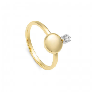 14 krt geelgouden fantasie ring met een 8 mm ronde, afgeplatte nugget en daarboven een witgouden 6- poots chaton waar een 0.05 crt. briljant geslepen diamant van 0,058 ct H/Si - 11112446