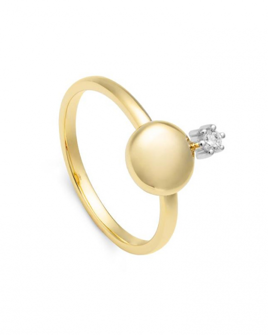 14 krt geelgouden fantasie ring met een 8 mm ronde, afgeplatte nugget en daarboven een witgouden 6- poots chaton waar een 0.05 crt. briljant geslepen diamant van 0,058 ct H/Si - 11112446