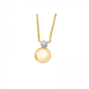 14 krt geelgouden fantasie hanger met een 8 mm ronde, afgeplatte nugget en daarboven een witgouden 6- poots chaton waar een 0.05 crt. briljant geslepen diamant van 0,058 ct H/Si gezet is. deze zit aan een fijn ankerschakel collier wat op diverse lengtes t