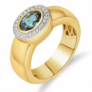 14 krt geelgouden fantasie ring met een ovaal gefacetteerde London Blue Topaas 0,90 crt welke is versierd met een krans van 24 briljant geslepen diamanten, totaal 0,09 ct G/Si - 11112536