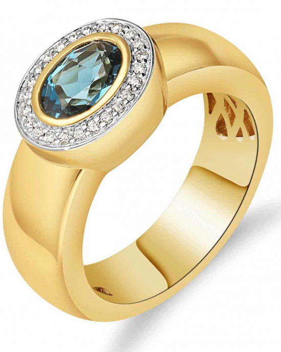 14 krt geelgouden fantasie ring met een ovaal gefacetteerde London Blue Topaas 0,90 crt welke is versierd met een krans van 24 briljant geslepen diamanten, totaal 0,09 ct G/Si - 11112536