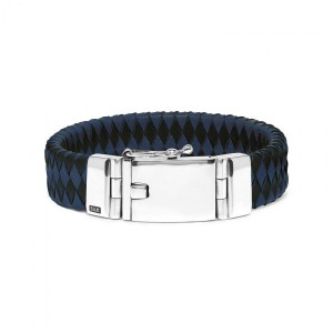 blauw-zwart lederen Silk armband, 21 cm x ca 15 mm breedte , voorzien van brede zilveren insteekveer en bak inclusief veiligheidsachtje - 11112549