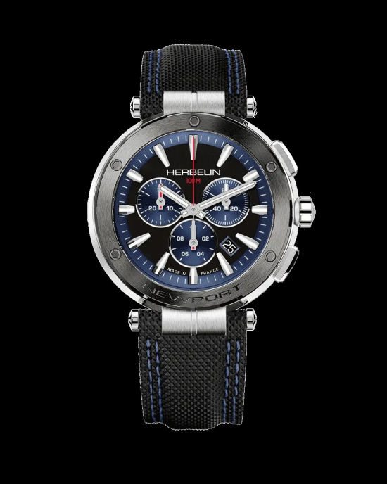 Michel Herbelin Quartz Newport Chronograaf, stalen kast en lederen band met vouwsluiting, lunette zwart PVD, saffier glas en 100 meter WD - 11112638