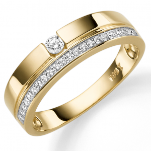 14 krt geelgouden fantasie ring ca 5 mm aan bovenzijde en verfraaid met 1 briljant geslepen diamant 0.06 ct G-Si als in een spanzetting en daarnaast een rij van 20 diamanten van 0,005 , totaal 21 diamanten 0.17 ct G-Si - 11112652