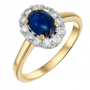 14 krt geelgouden entourage ring, verfraaid met een ovaal gefacetteerde blauwe saffier 0.90 ct en een krans van 12 briljant geslepen diamanten totaal 0.35 ct H-si - 11112654
