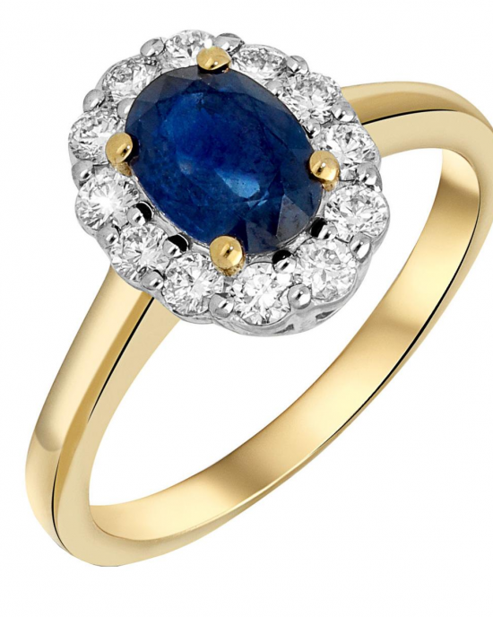 14 krt geelgouden entourage ring, verfraaid met een ovaal gefacetteerde blauwe saffier 0.90 ct en een krans van 12 briljant geslepen diamanten totaal 0.35 ct H-si - 11112654
