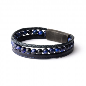 Gemini Triple blue armband refnr. TR3ML, 2 navy blue Italiaans lederen banden en blauw agaat in maat m-L - 11112670