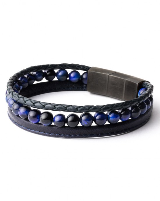 Gemini Triple blue armband refnr. TR3ML; 2 navy blue Italiaans lederen banden en blauw agaat in maat m-L - 11112670