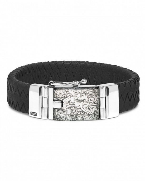 Silk armband,Limited edition. Tribute Bali 641BTR.21 Leren gevlochten armband op 16 mm breedte met een gegraveerd en geoxydeerd zilver slot met insteekveer en veiligheidsachtjes, model 641BTR op 21 cm lengte - 11112674