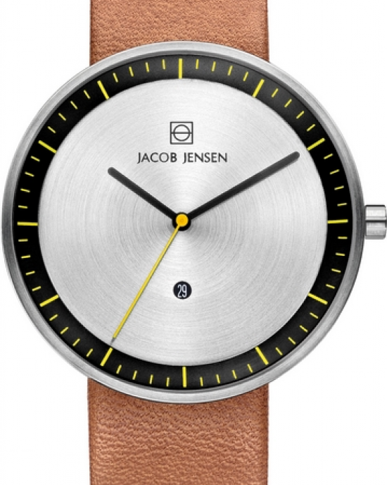 JACOB JENSEN horloge Stata met bruin leren band en leren detail aan de zijkant van de kast. Refnr. 281 - 11112793