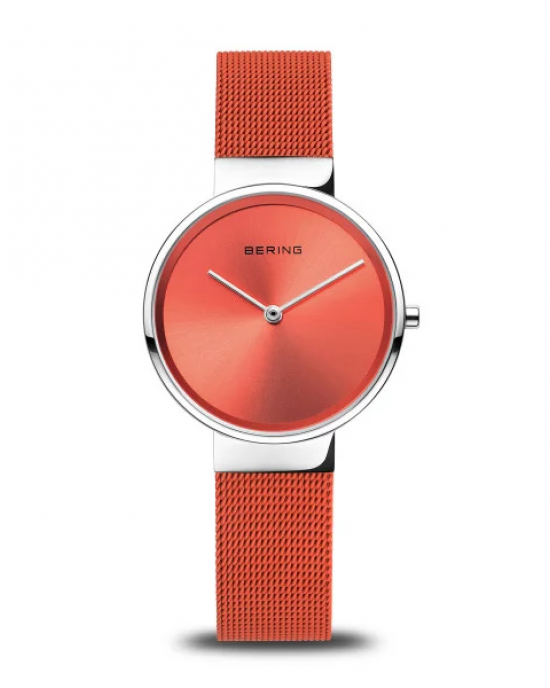 Stalen Bering horloge met milanaise band, de band is oranje gecoat en voorzien van een oranje wijzerplaat, model 14531-505 - 11112845