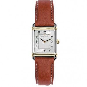 Herbelin horloge , model Art Deco, bruine lederen band, bicolor stalen kast rechthoekig, saffierglas met zilverkleurige wijzerplaat en arabische cijferweergave - 11112977