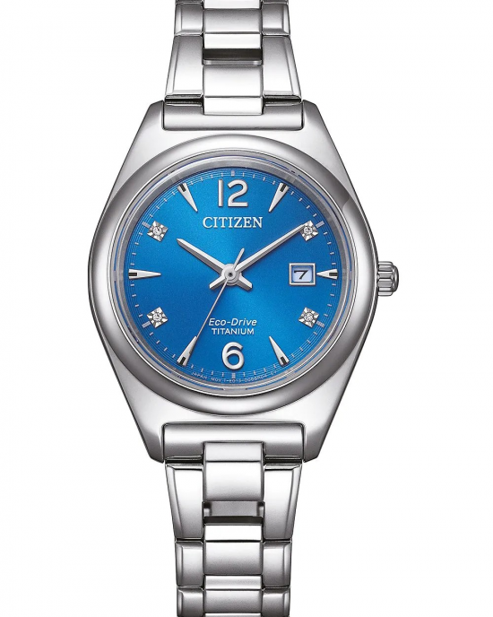 titanium Citizen Eco-drive, kast 29,5 mm met blauwe wijzerplaat welke is verfraaid met 4 diamanten, saffierglas en 100 m WD - 11113025