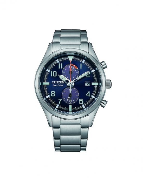 stalen Citizen ecodrive Chronograaf, blauwe wijzerplaat met arabische cijferweergave en een datumweergave, 100m WD - 11113036