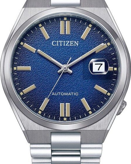 volledig stalen Citizen automaat, voorzien van glazen achterdeksel en saffierglas en 5 ATM, blauwe wijzerplaat - 11113042