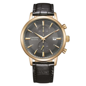 Citizen horloge Eco-Drive Chronograaf 50 m WD met vintage look, kast 42 mm is warm rosé verguld, donkere wijzerplaat met datumfunctie - 11113046