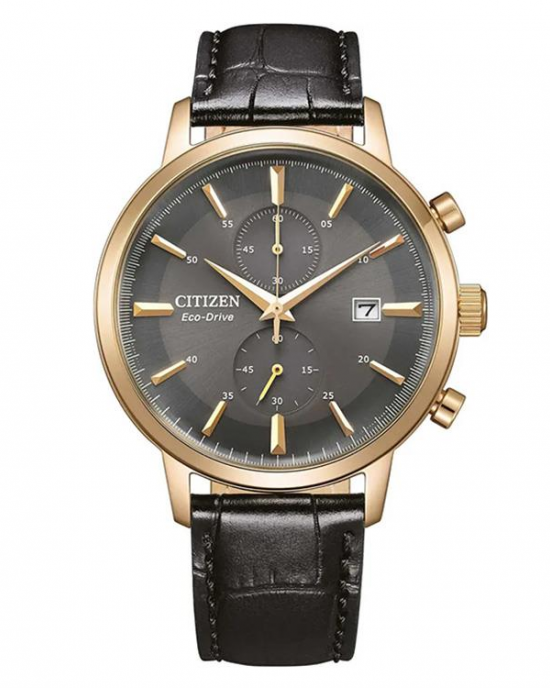 Citizen horloge Eco-Drive Chronograaf 50 m WD met vintage look, kast 42 mm is warm rosé verguld, donkere wijzerplaat met datumfunctie - 11113046