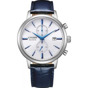 stalen Citizen horloge Eco-Drive Chronograaf 50 m WD met vintage look, kast 42 mm, lichte wijzerplaat met blauwe wijzers en uurmarkeringen met datumfunctie - 11113047