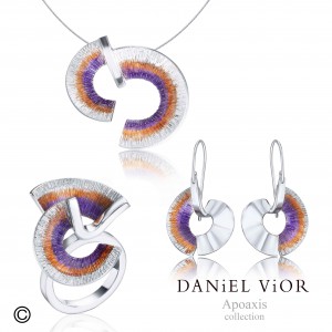 Daniel Vior,zilveren ring geelverguld, Apoaxis paars/oranje emaille - 11113094