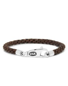 Silk bruin lederen armband, rond gevlochten, voorzien van zilveren eindstukken en karabijnhaak - 11113390