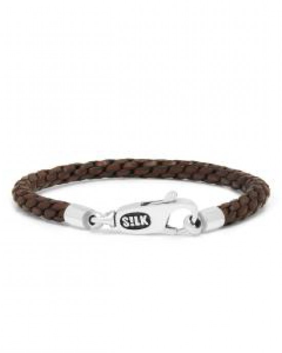 Silk bruin lederen armband, rond gevlochten, voorzien van zilveren eindstukken en karabijnhaak - 11113390