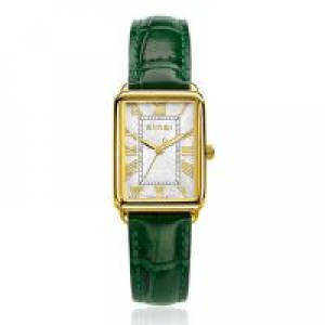 Zinzi horloge ZIW1907 G, rechthoekige kast geel verguld met groene lederen band, zilverkleurige wijzerplaat met romeinse indexen - 11113415