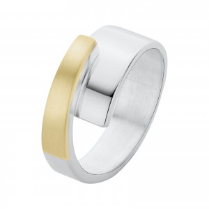 zilveren Nol fantasie ring , overlappend model waarvan het smalle bovenste gedeelte is verfraaid met een ingelegde 14 krt geelgouden en gesatineerde plaat, model AG02178-8 - 11113431