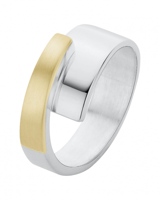 zilveren Nol fantasie ring , overlappend model waarvan het smalle bovenste gedeelte is verfraaid met een ingelegde 14 krt geelgouden en gesatineerde plaat, model AG02178-8 - 11113431