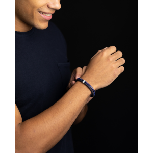 Gemini Double night armband refnr.037ml ,  zwart Italiaans lederen band en blauwe lapis in kubusvorm geslepen in maat M-L - 11113439