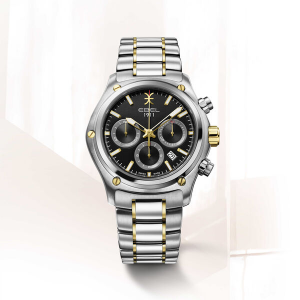 staal/18krt gouden Ebel 1911 automaat chronograaf, kast is een combinatie van staal en 18 krt goud, de band is een combinatie van staal met pvd geel. Horloge is voorzien van een saffierglas en is 100 m WD en een zwarte wijzerplaat met streepindex en datum