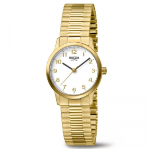 Boccia dameshorloge, titanium met duidelijke cijfers, geheel van titanium geel doublé. Met makkelijke rekband - 11113558