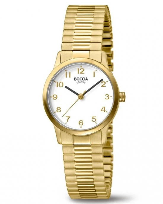 Boccia dameshorloge, titanium met duidelijke cijfers, geheel van titanium geel doublé. Met makkelijke rekband - 11113558