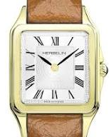 Herbelin horloge,4-kanten stalen kast geel verguld, lederen band, zwitsers uurwerk + saffier glas, model Luna, 24 x 24 mm - 11113761